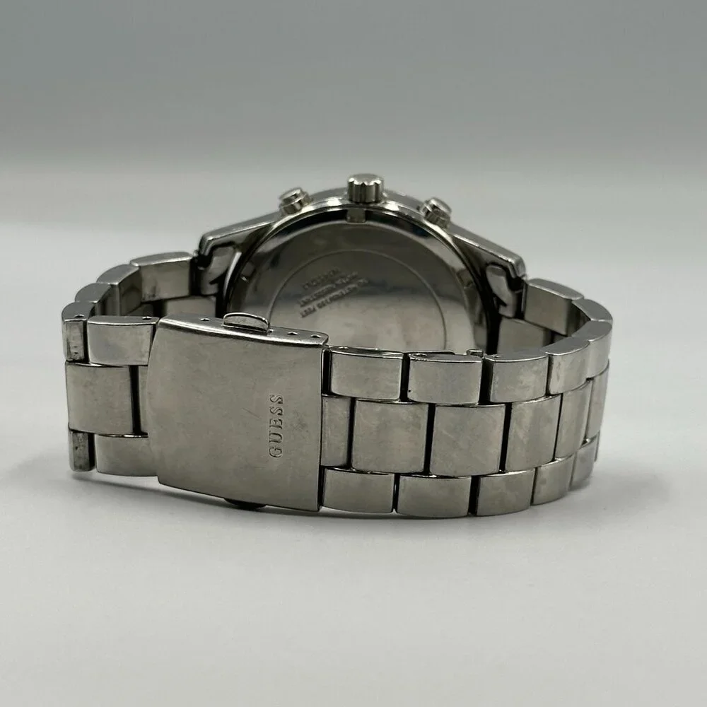 Guess Steel Watch Women Silver Tone Chronograph Crystal Bezel New Battery 7